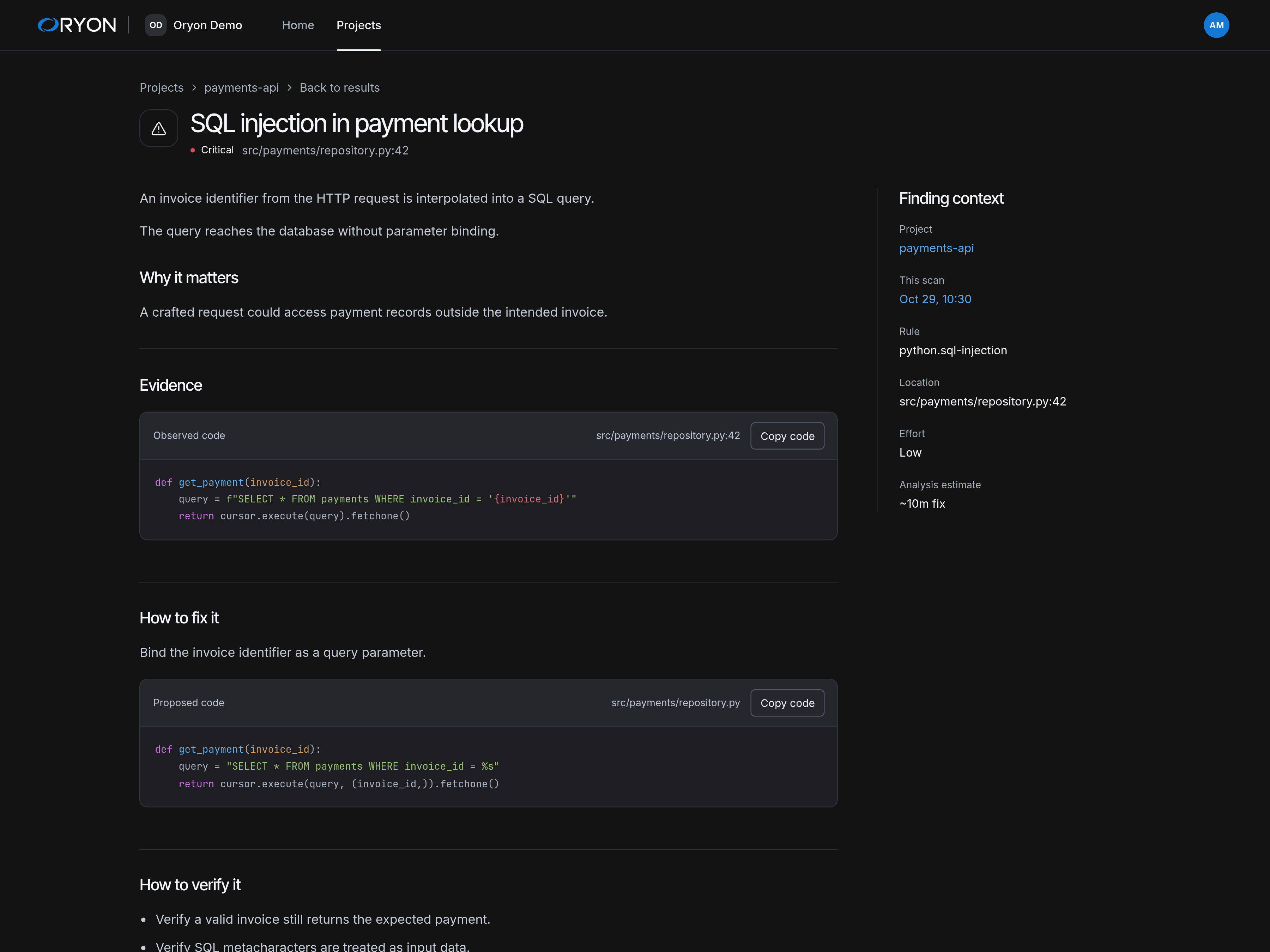 Oryon Dashboard · Finding