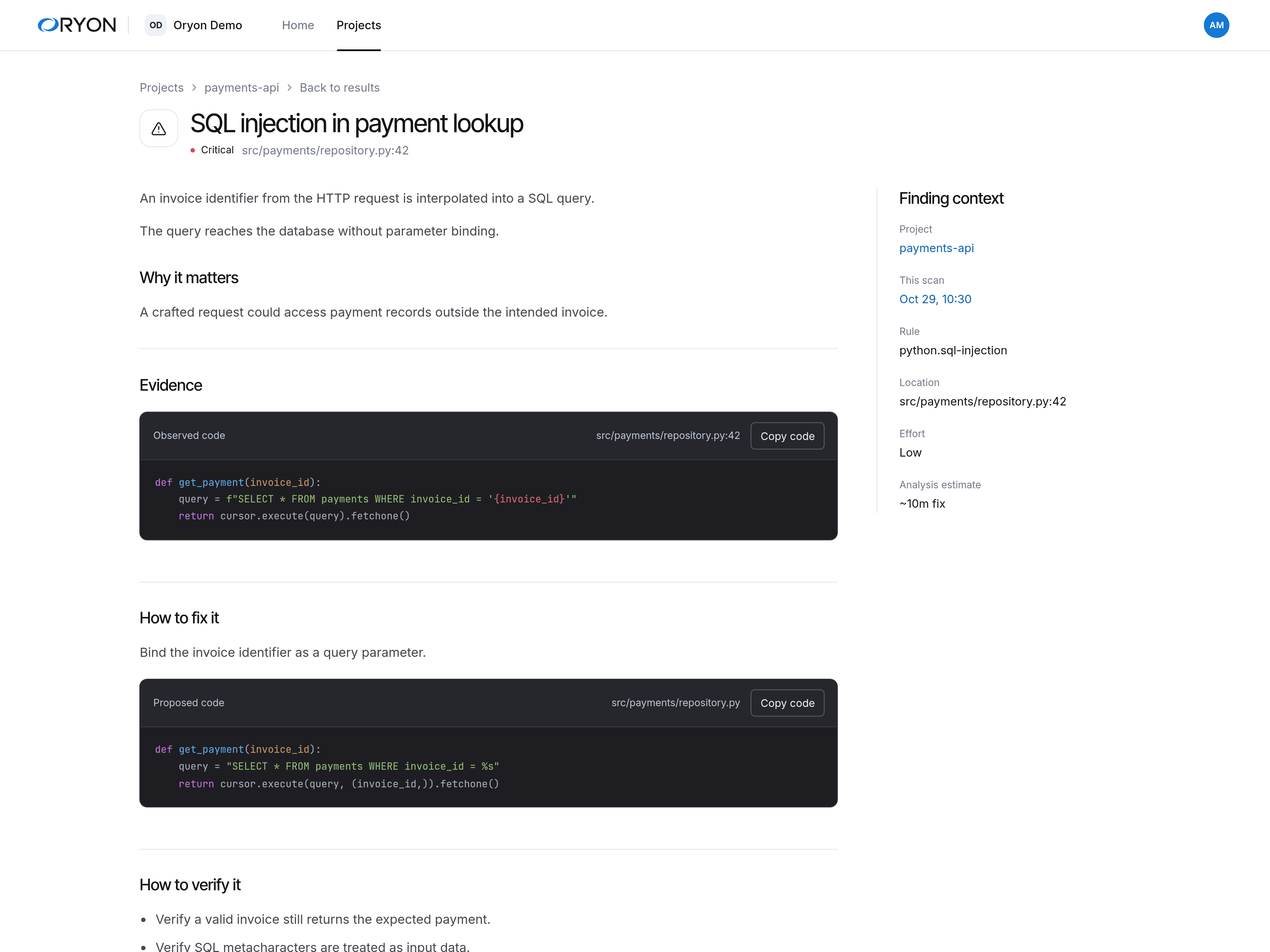 Oryon Dashboard · Finding